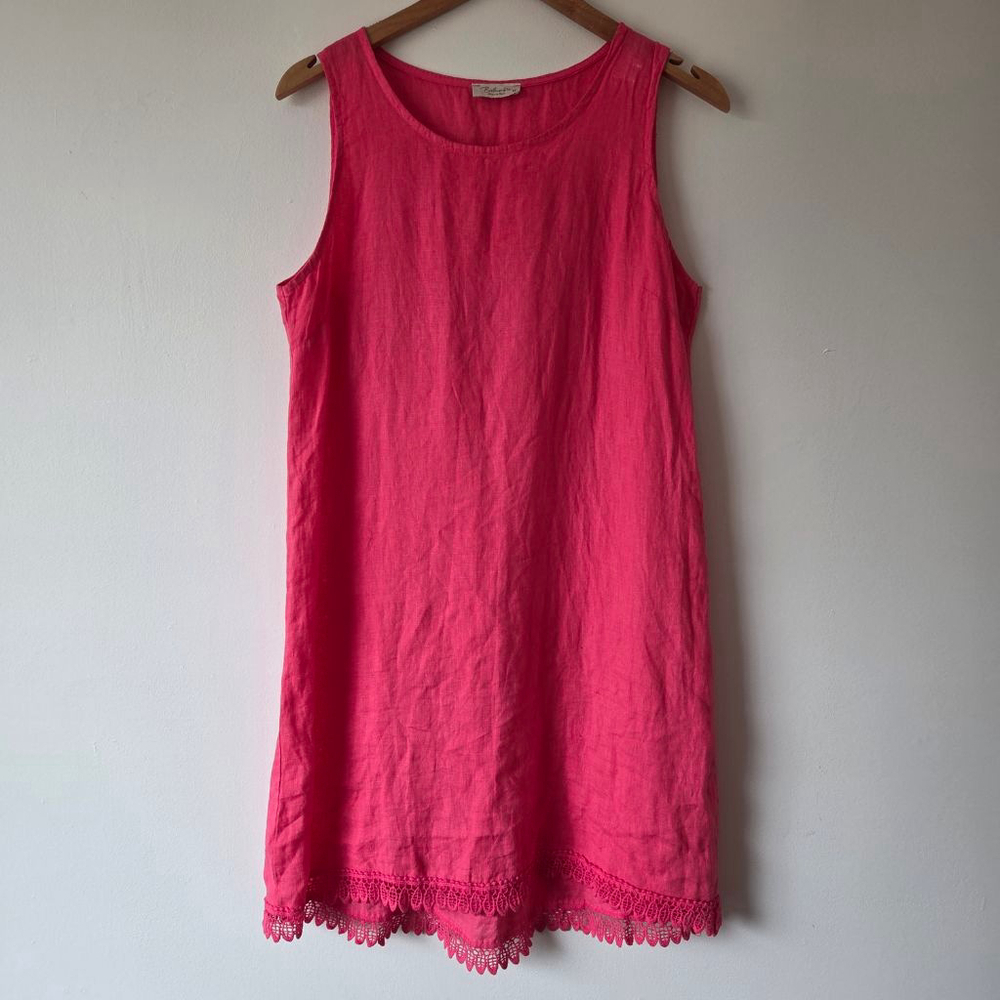 Bellambra Pink Fuchsia M 100% Linen Midi Shift Dress Lace Trim Vacation Italian